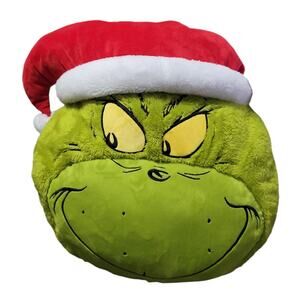 Grinch Face Christmas Holiday Throw Pillow Dr Seuss Santa Hat Plush Accent Decor